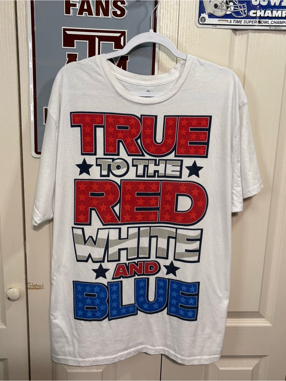 Patriotic Graphic Tee - "True to the Red White and Blue" - White/Red/Blue
